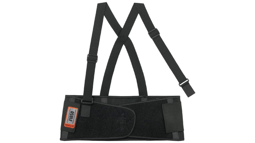 A black back support belt with two suspenders.