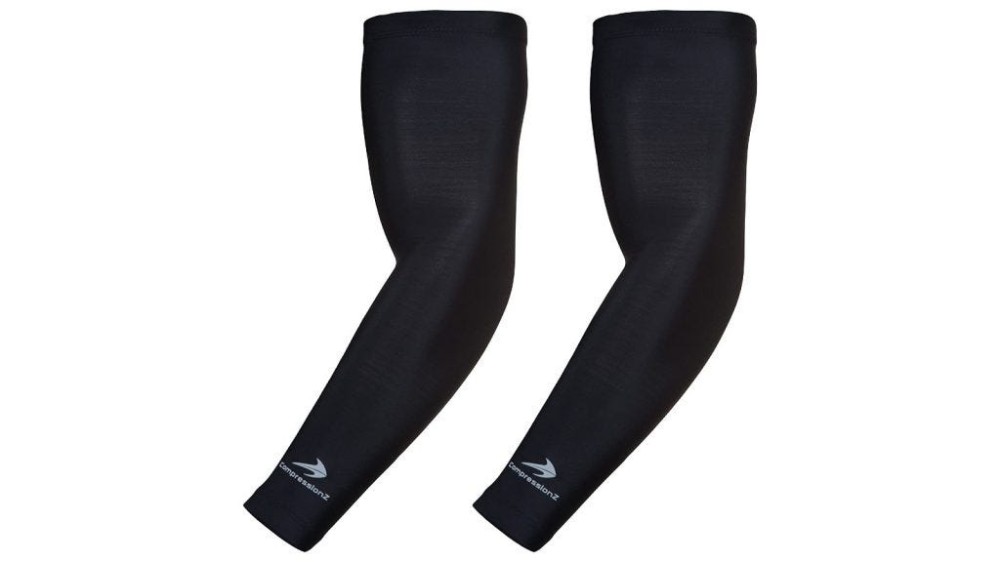 two long black compression arm sleeves with logos on the bottom