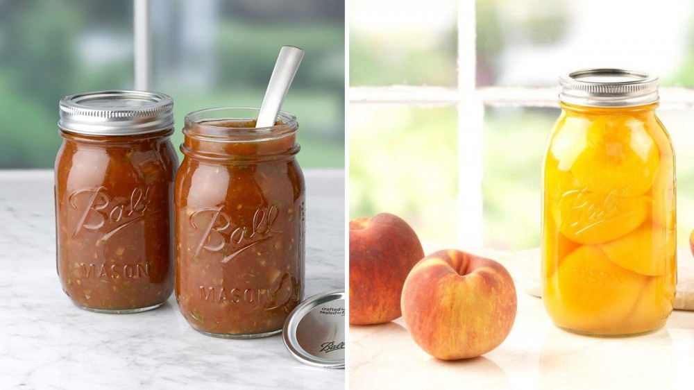 Two images of Ball mason jars used to make canned sauce and canned peaches.