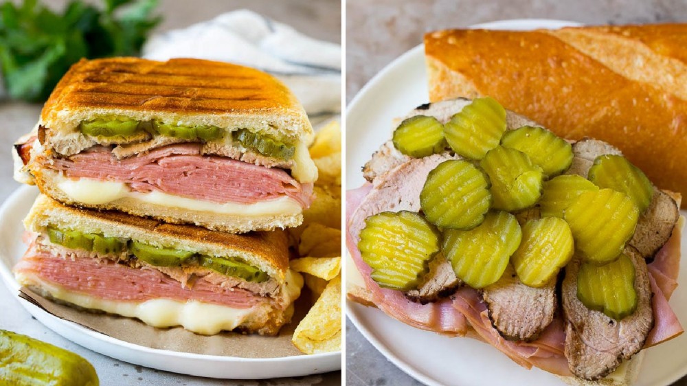 Two images featuring a cuban sandwich filled with pickles, ham, cheese and sliced pork. 