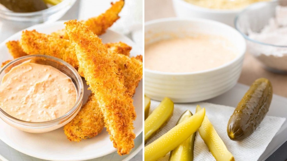 Two images: The left image features fried pickles with sauce, and the right image is of the pickled spears before being battered and fried.