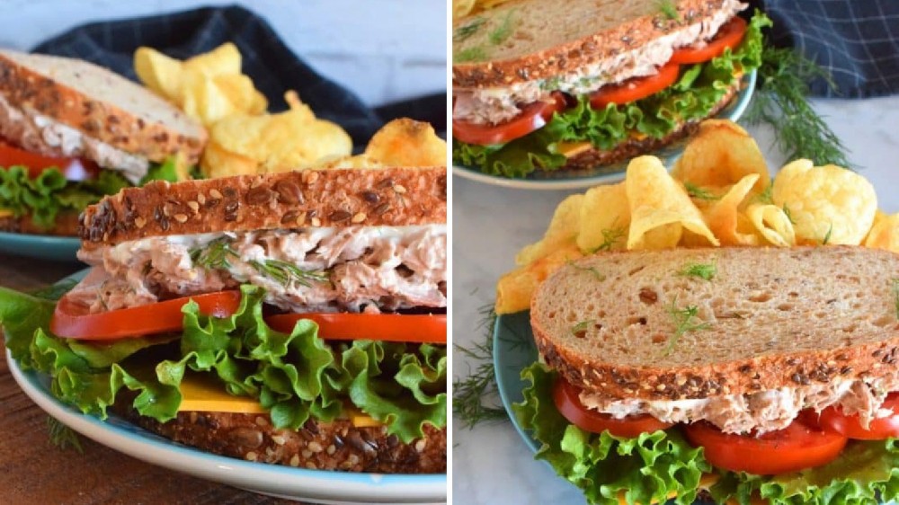 Two images displaying a dill pickled infused tuna sandwich filled with lettuce tomato and cheese with a side of chips.