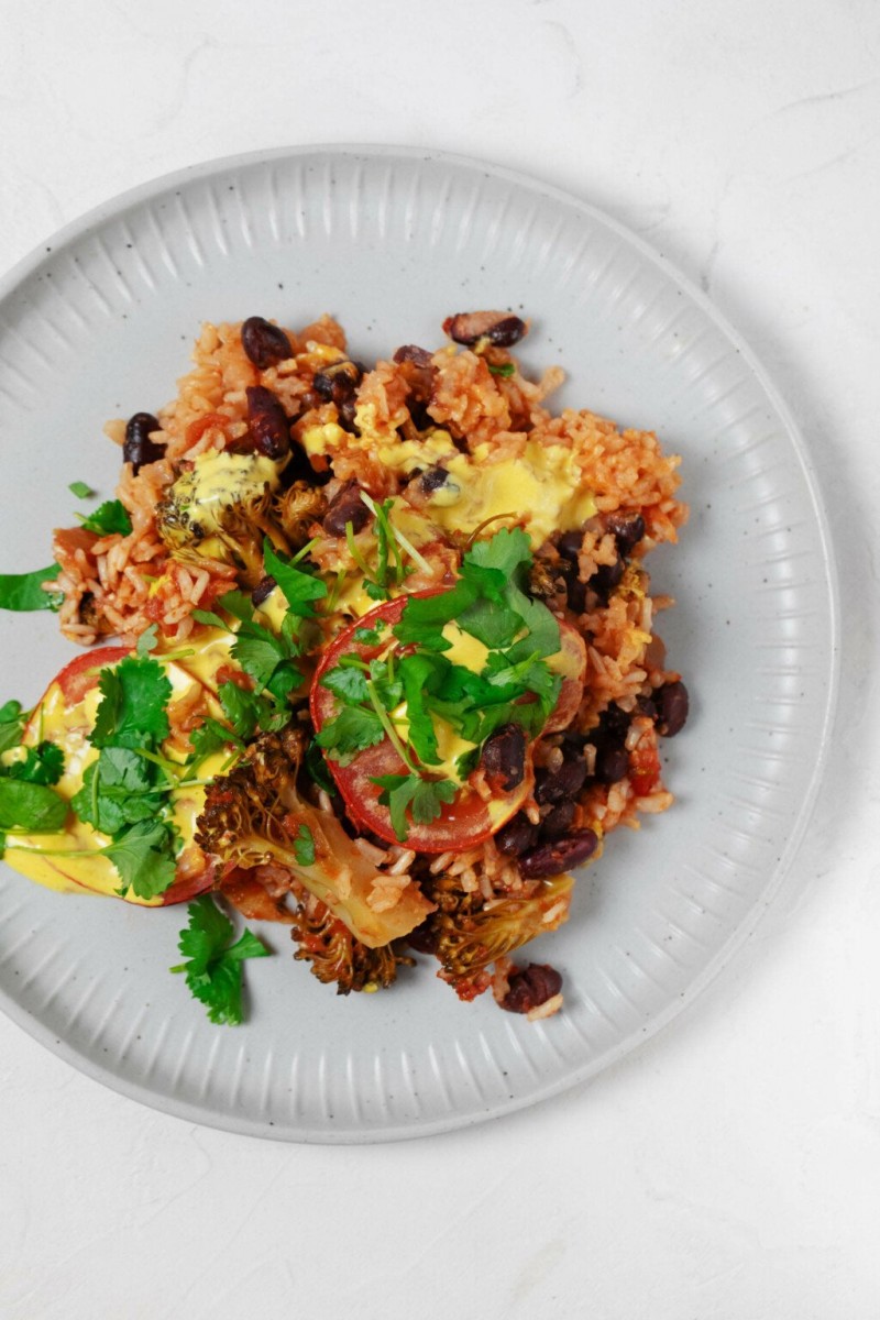 A photo of a round, grayish white plate, which has been topped by a bean and brown rice casserole. Green cilantro leaves are garnished on top.